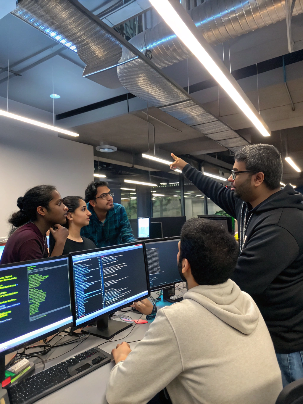 Engineering team reviewing architectural schematics in a modern technology office