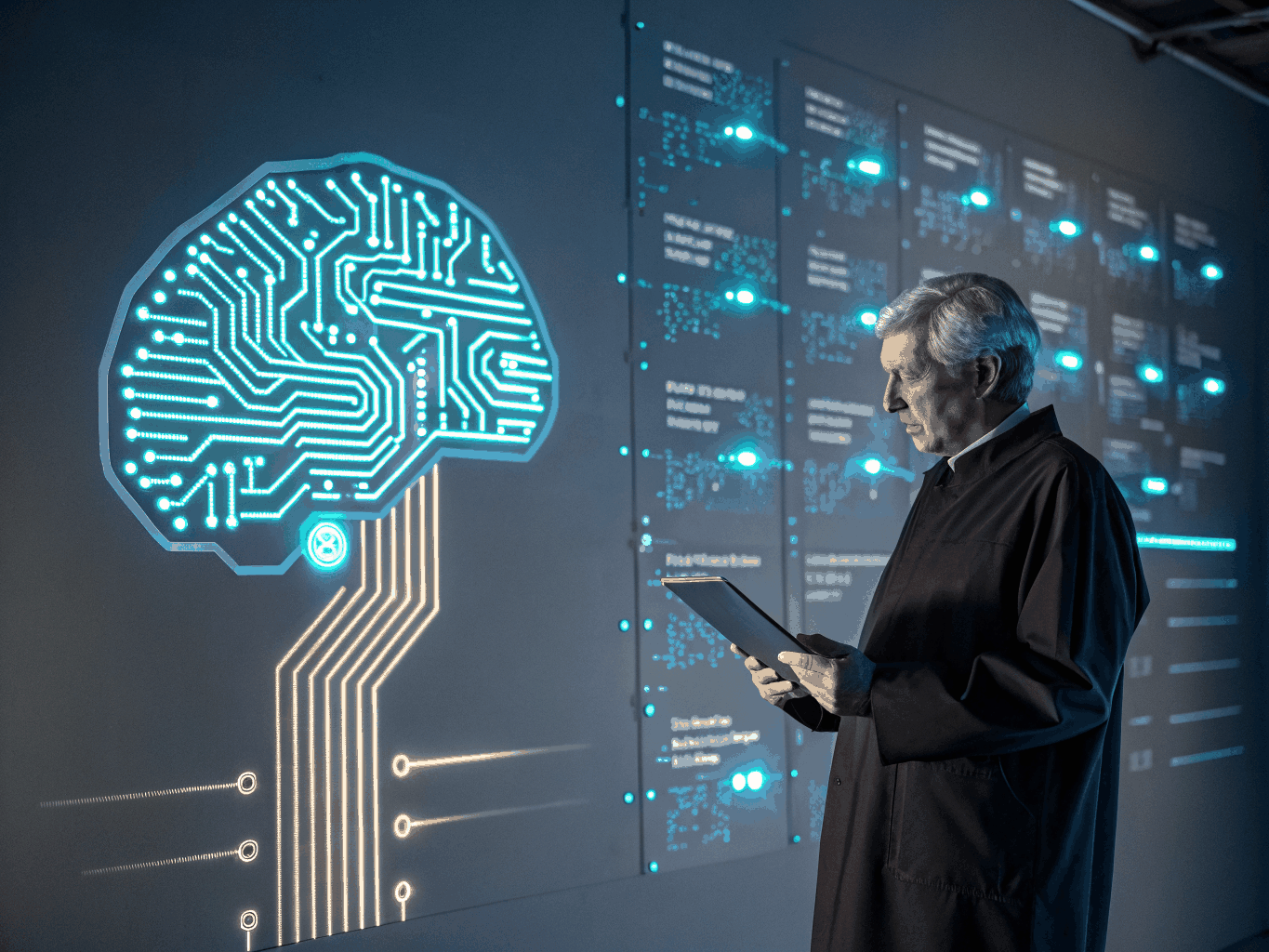 System architect examining neural data workflows and algorithm diagnostic panels