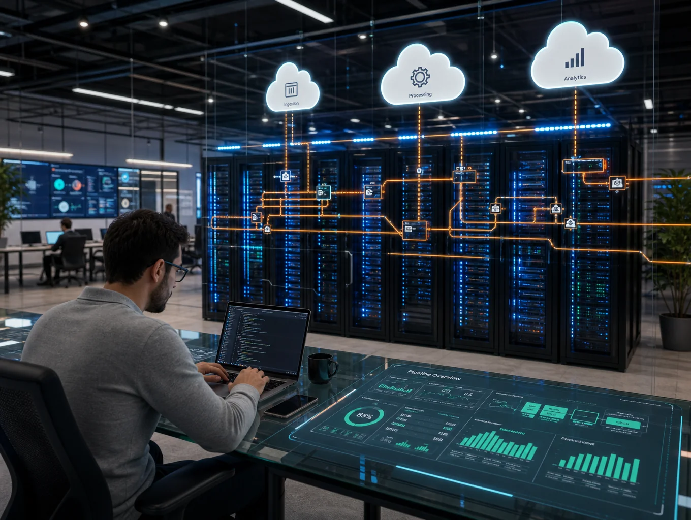 Engineers inspecting cloud pipeline automation diagrams and event webhooks