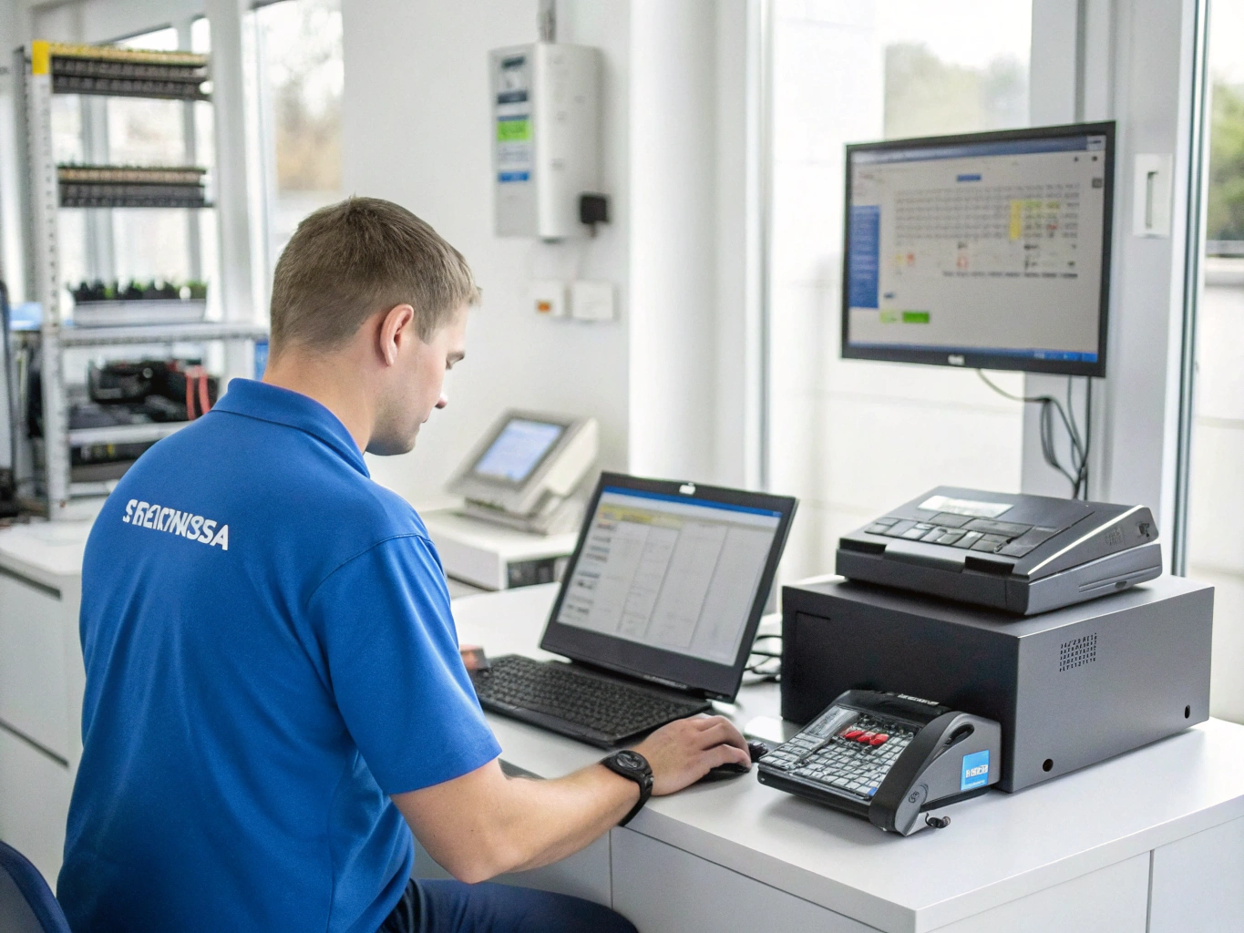 Commerce technician auditing inventory catalog schemas and payment processing terminals