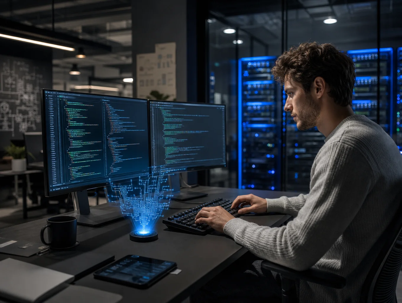 Software engineer analyzing modular code architecture in a modern workspace