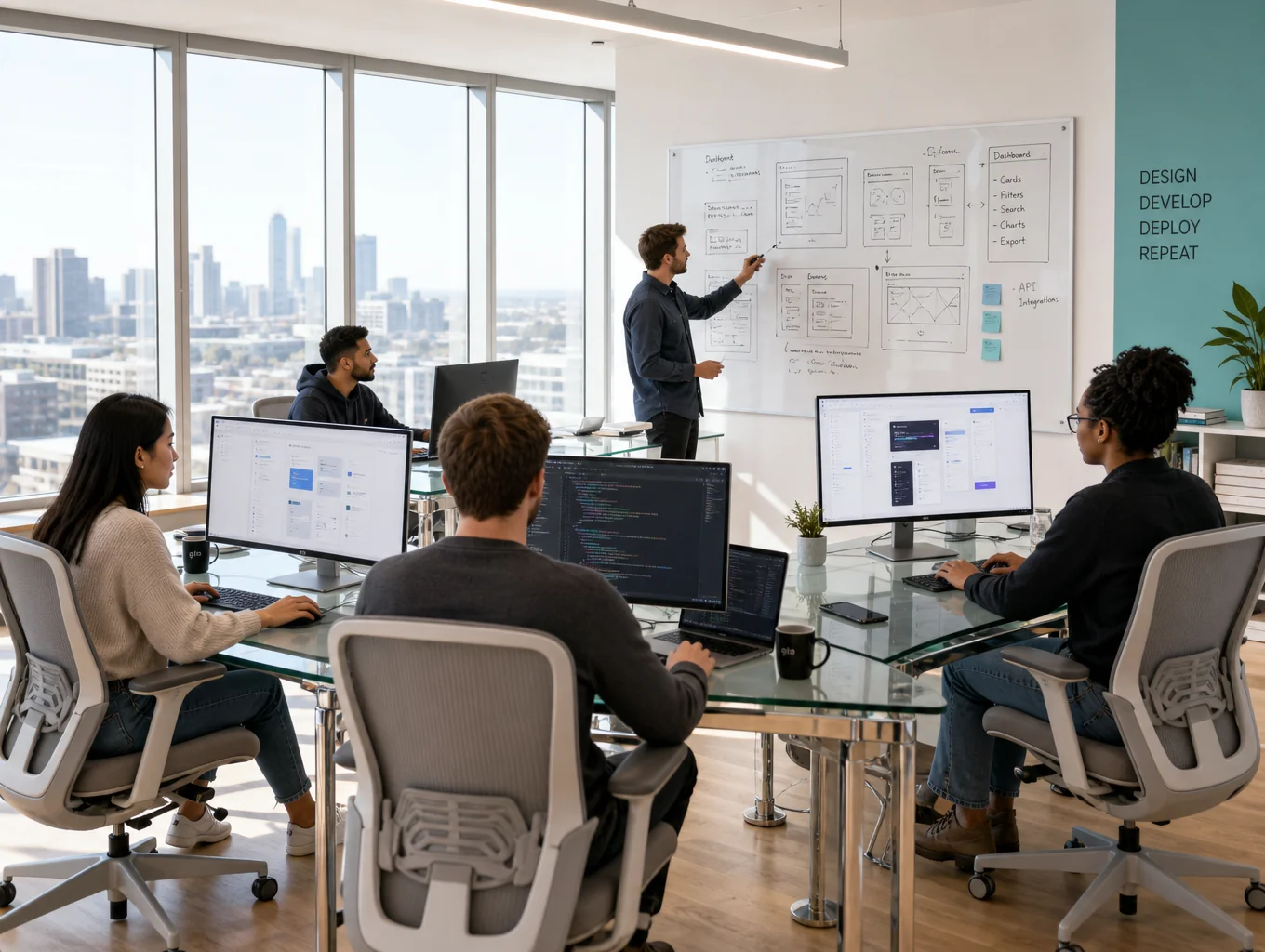 Engineer reviewing responsive website layouts on multiple high-resolution displays