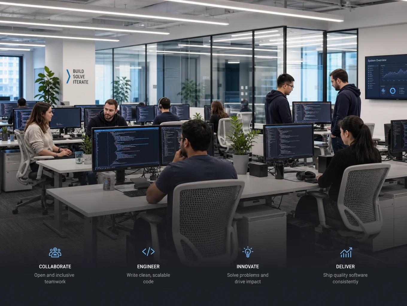 VelenaTech engineers collaborating around workstations and project monitors
